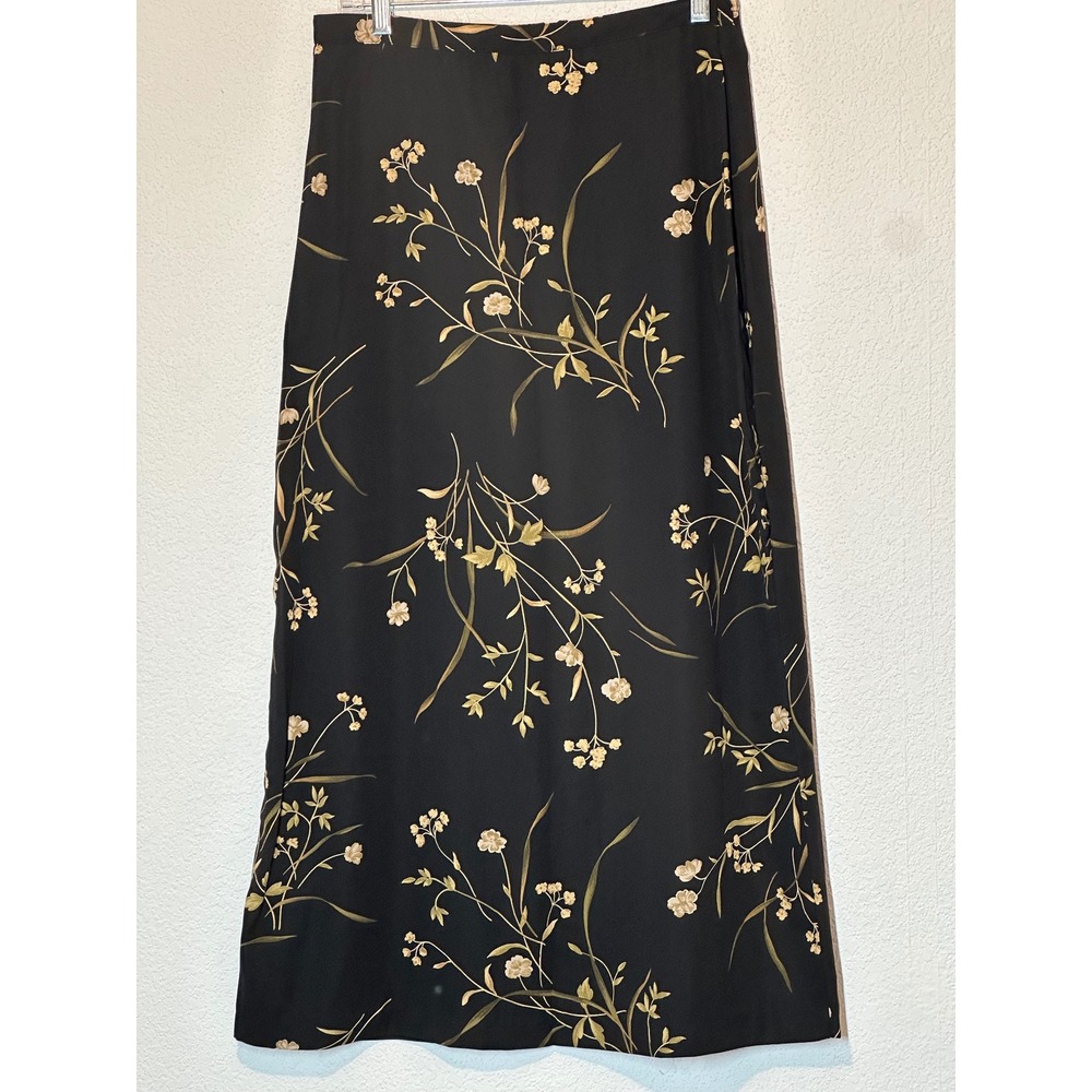 Vtg 90 Y2K IN Studio Black Floral Maxi Skirt Size 10 Botanical Gold Sage